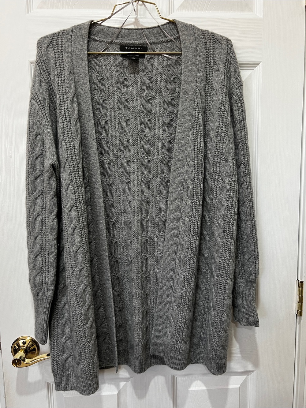 Tahari Pure Luxe 100% Cashmere Open Front Cable Knit Long Cardigan Size Small